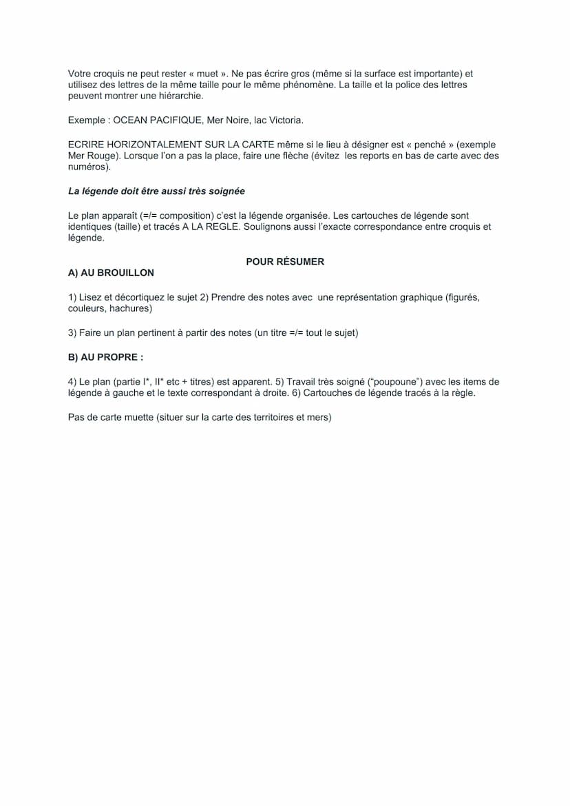 METHODE : le croquis (et schémas) de géographie au bac
A) AU BROUILLON (environ 1/2 heure)
Numéroter chaque feuille de brouillon. N'écrire q