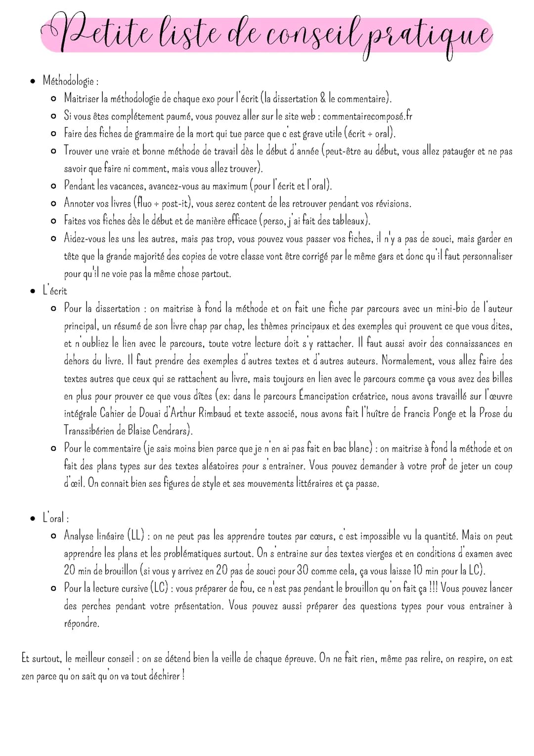 Liste de Conseil pour le Bac de français