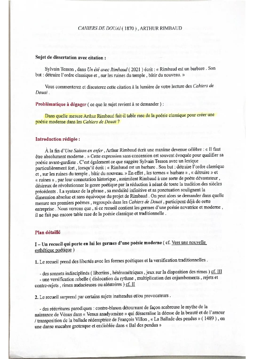 Cahier de Douai Sujet de dissertation avec citation 
