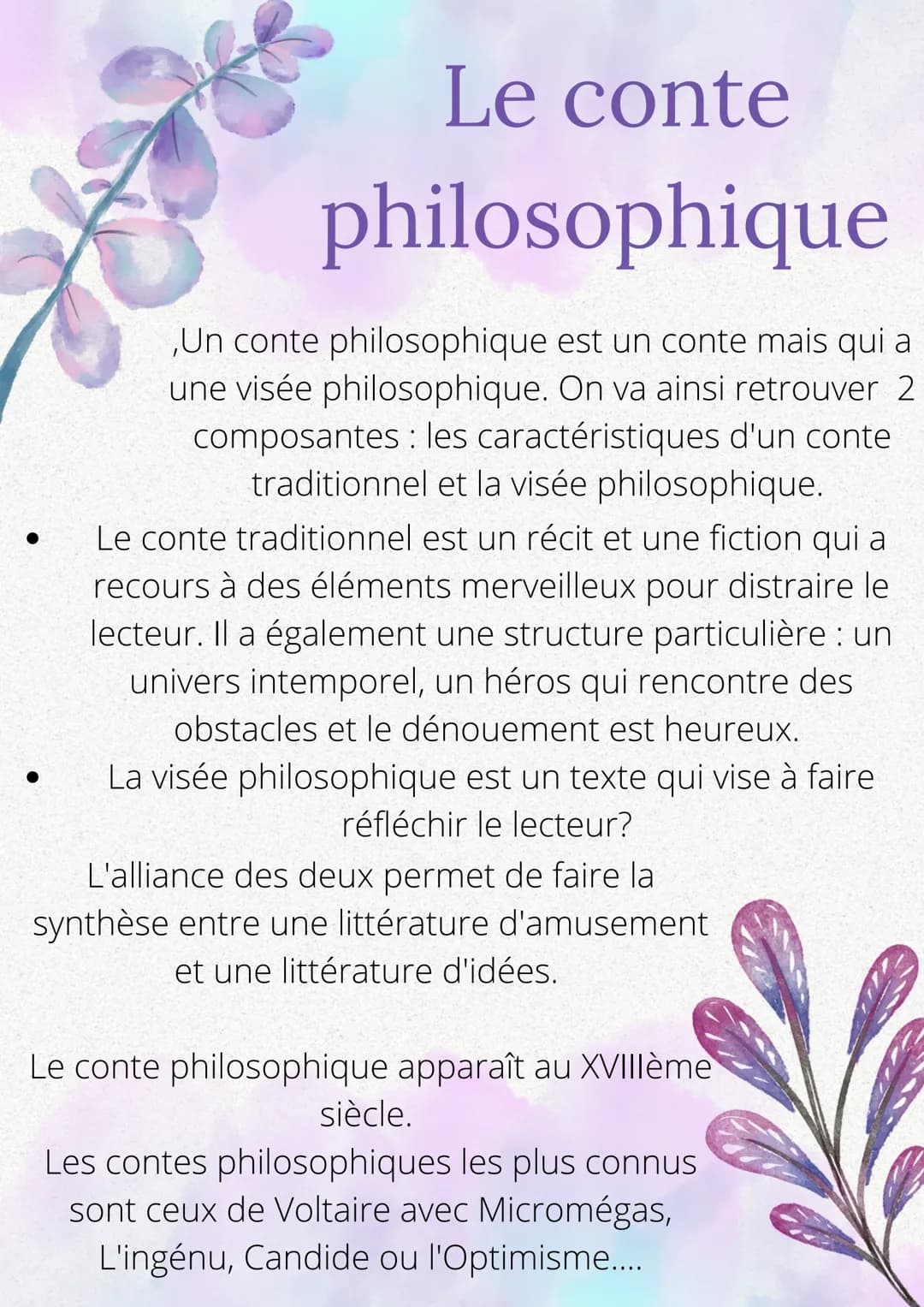 Le conte
philosophique
,Un conte philosophique est un conte mais qui a
une visée philosophique. On va ainsi retrouver 2
composantes : les ca