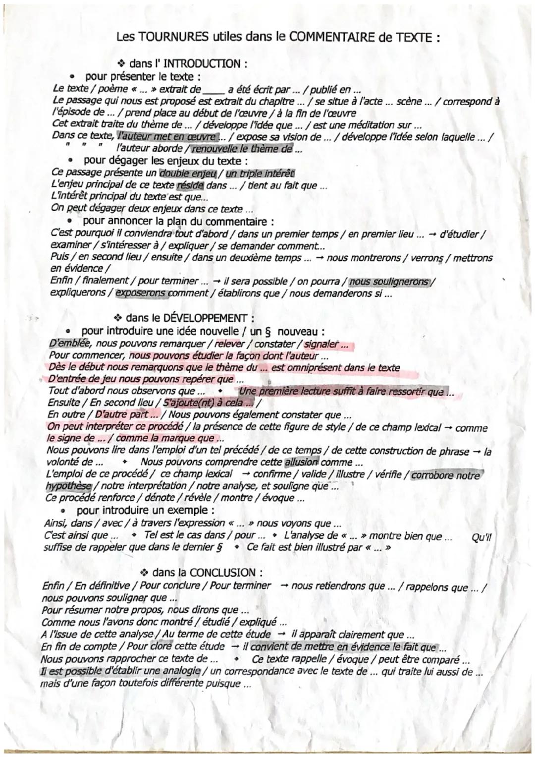 Les TOURNURES utiles dans le COMMENTAIRE de TEXTE:

dans I' INTRODUCTION:
*   pour présenter le texte :
Le texte / poème « ... » extrait de 