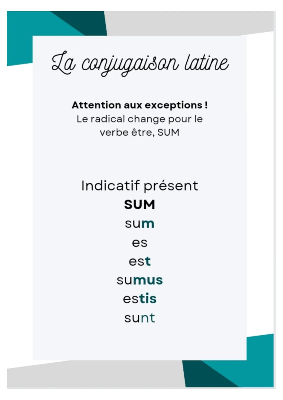 La conjugaison latine
Indicatif present
radical + O/M
radical + S
radical + T
radical + MUS
radical + TIS
radical + NT La conjugaison latine