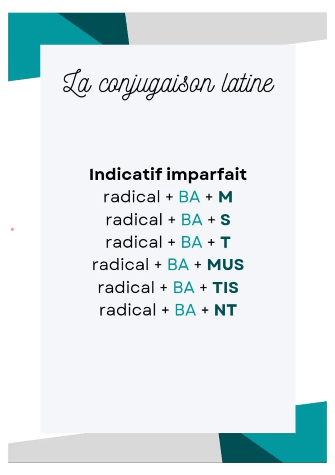 La conjugaison latine
Indicatif present
radical + O/M
radical + S
radical + T
radical + MUS
radical + TIS
radical + NT La conjugaison latine