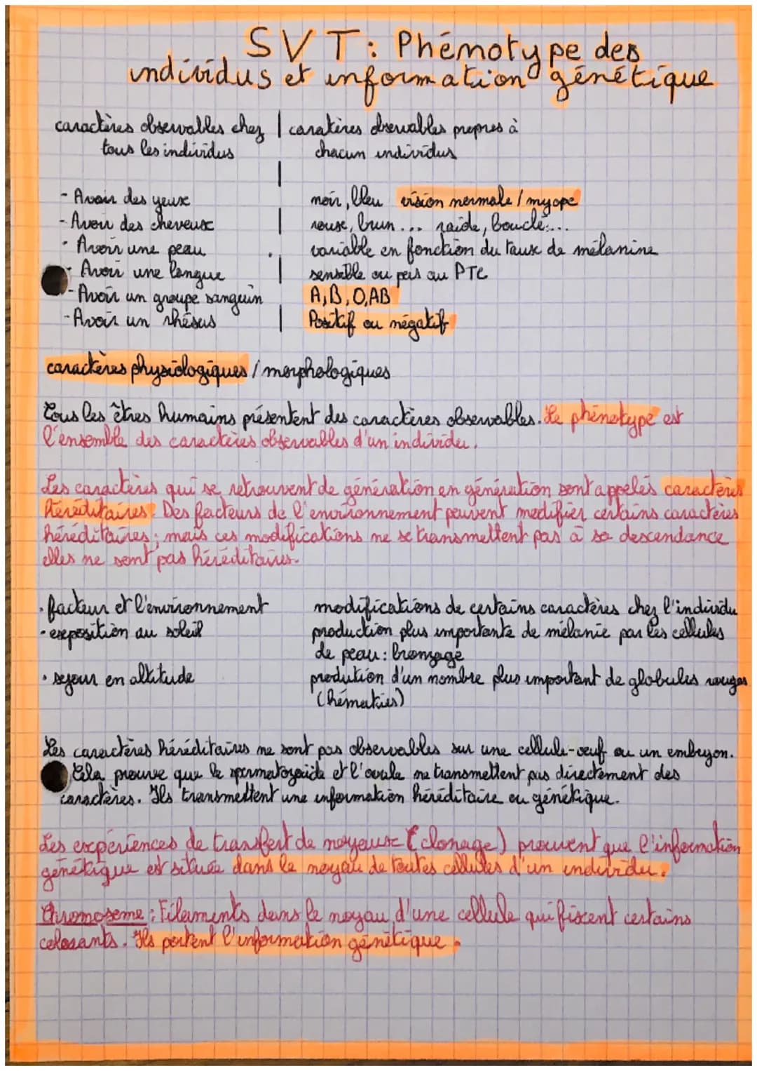 des
SVT: Phémoty prene tique
individus et information génétique
caractères observables chez I caratères drewables propres à
tous les individ