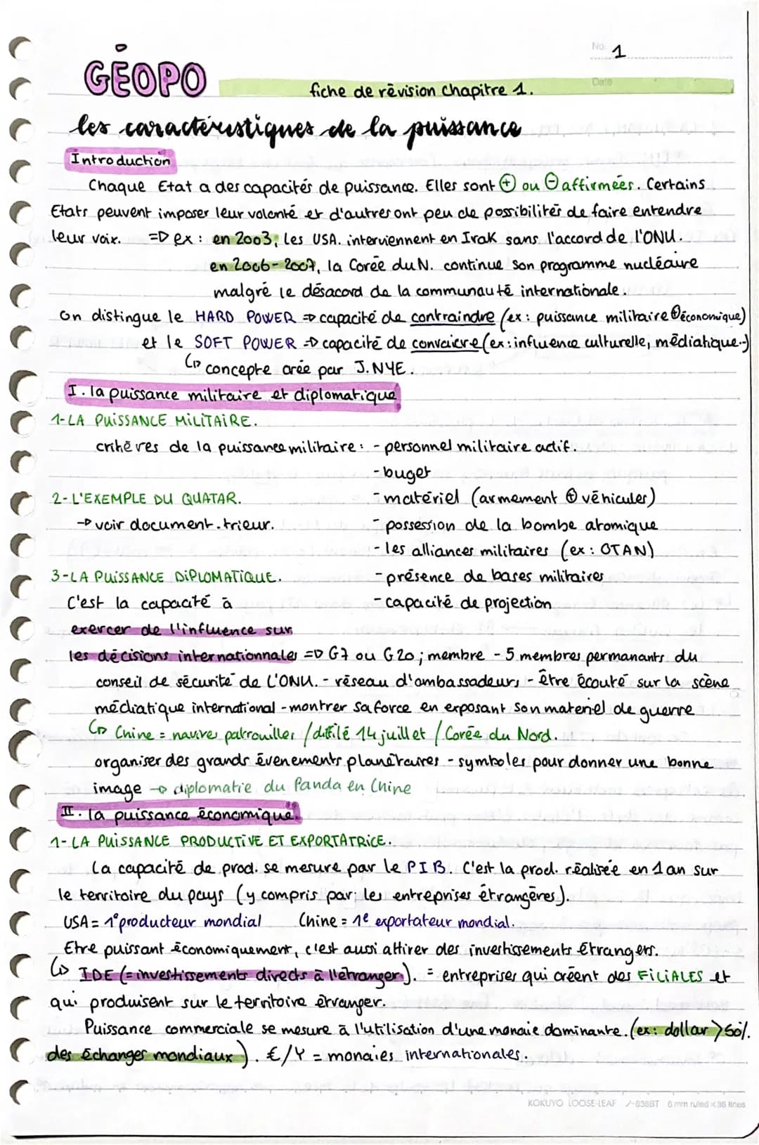 C
GEOPO
fiche de revision chapitre 1.
les caractéristiques de la puissance.
Introduction
Chaque Etat a des capacités de puissance. Elles son