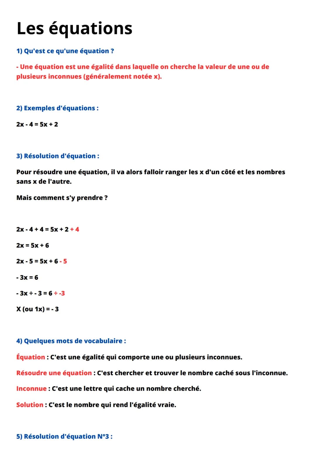 Les équations
1) Qu'est ce qu'une équation ?
- Une équation est une égalité dans laquelle on cherche la valeur de une ou de
plusieurs inconn