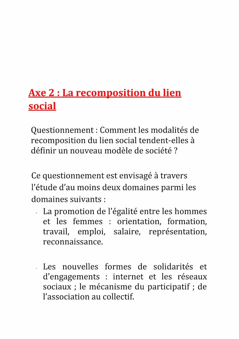 Axe 1: Fondements et fragilités du
lien social
Questionnement : Comment les fondements du
lien social se trouvent aujourd'hui fragilisés ?
C