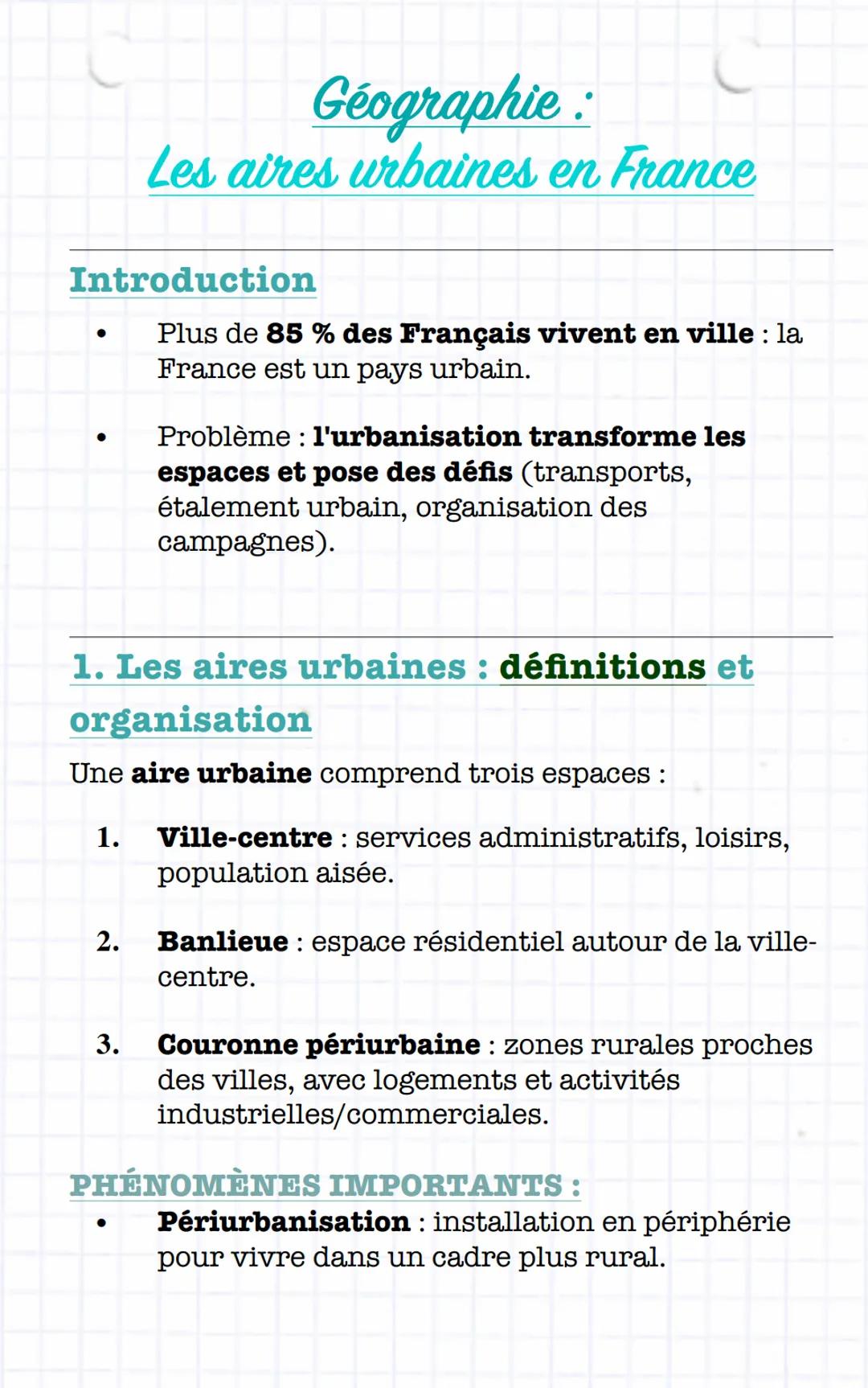 Géographie:
Les aires urbaines en France
Introduction
•
•
Plus de 85% des Français vivent en ville: la
France est un pays urbain.
Problème l
