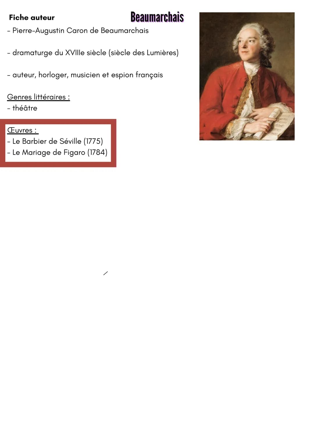 Fiche auteur
- Pierre-Augustin Caron de Beaumarchais
- dramaturge du XVIIIe siècle (siècle des Lumières)
Beaumarchais
auteur, horloger, musi