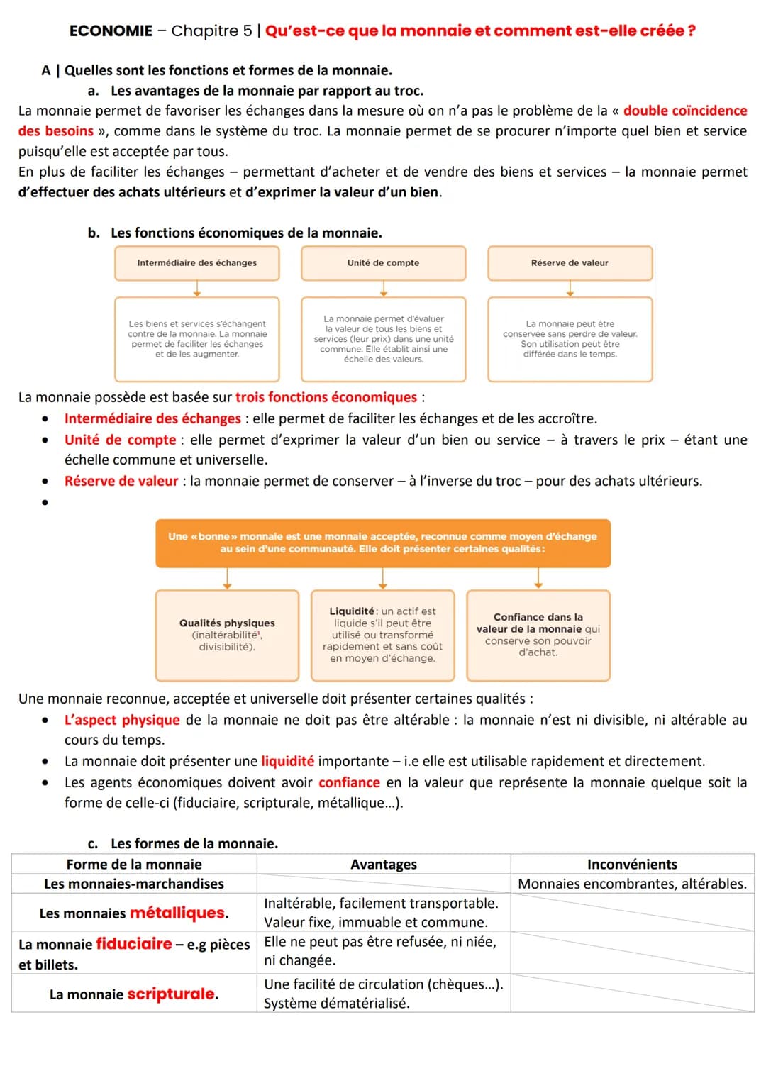 ECONOMIE - Chapitre 5 | Qu'est-ce que la monnaie et comment est-elle créée ?
A | Quelles sont les fonctions et formes de la monnaie.
a. Les 