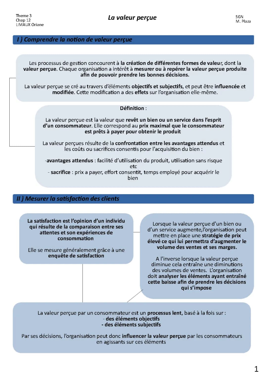 Chap 12 : Valeur perçue et Satisfaction Client - Exemple et Calculs