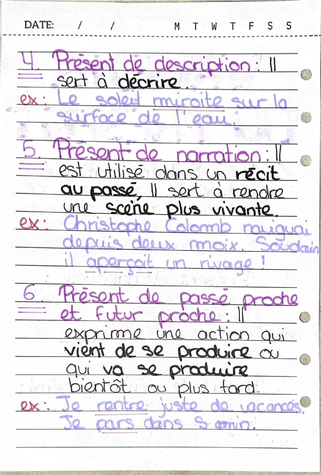 DATE:
M T W T F S S
• VALEUR
DU PRÉSENT
"
1 Present d'énonciation/
actualité. Il exprime une
action qui a lieu au no-
ment où elle est énonc