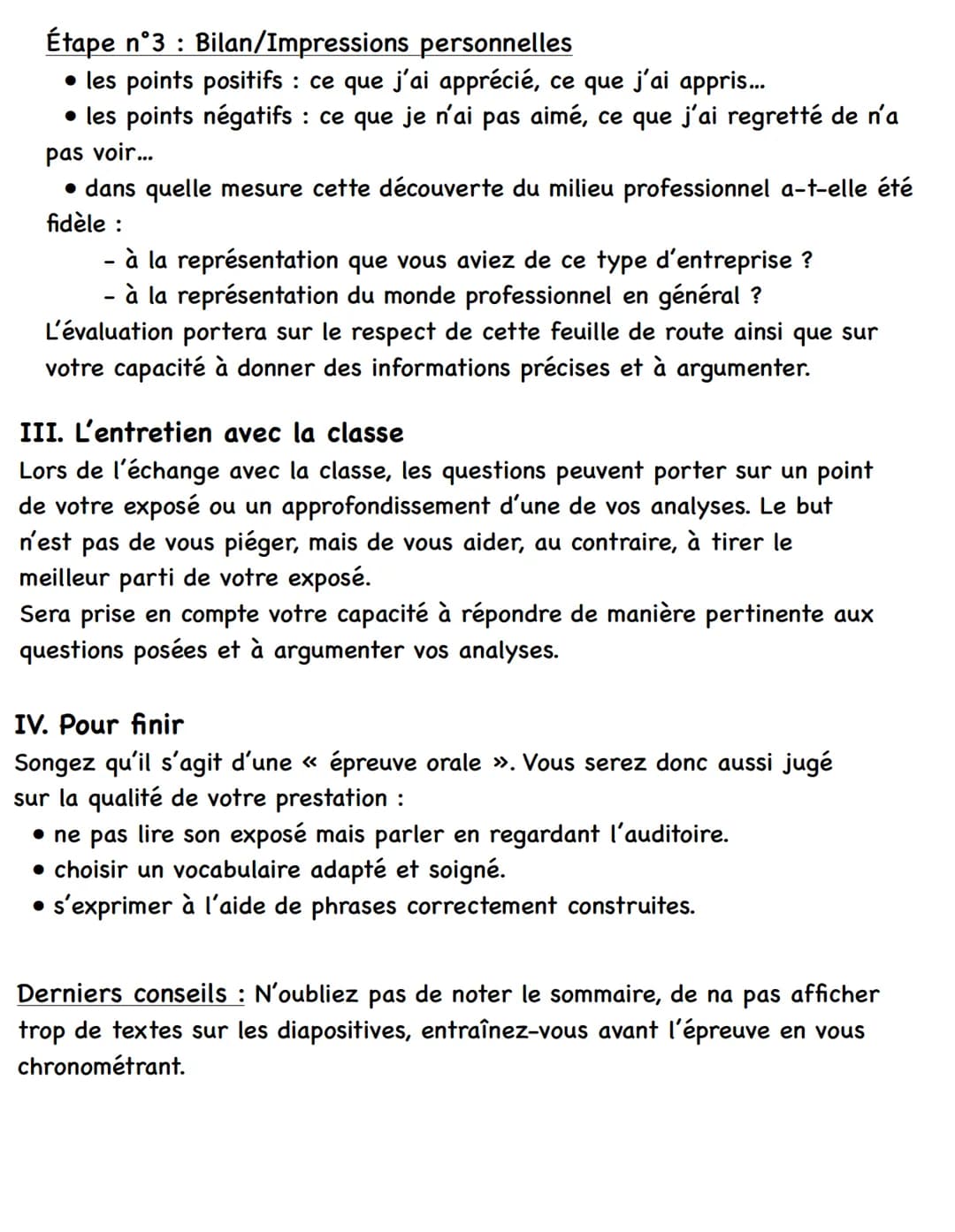 Compte-rendu oral du stage d'observation en entreprise
I. Durée et déroulement de l'exposé
Il se décompose de la manière suivante :
• Dans u