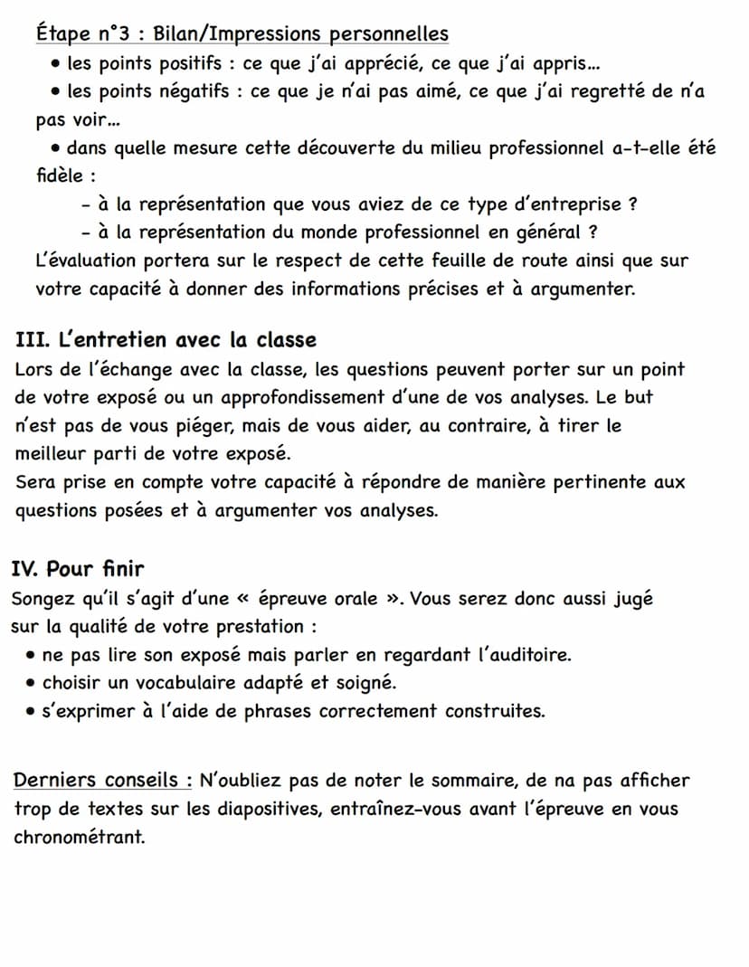 Compte-rendu oral du stage d'observation en entreprise
I. Durée et déroulement de l'exposé
Il se décompose de la manière suivante :
• Dans u