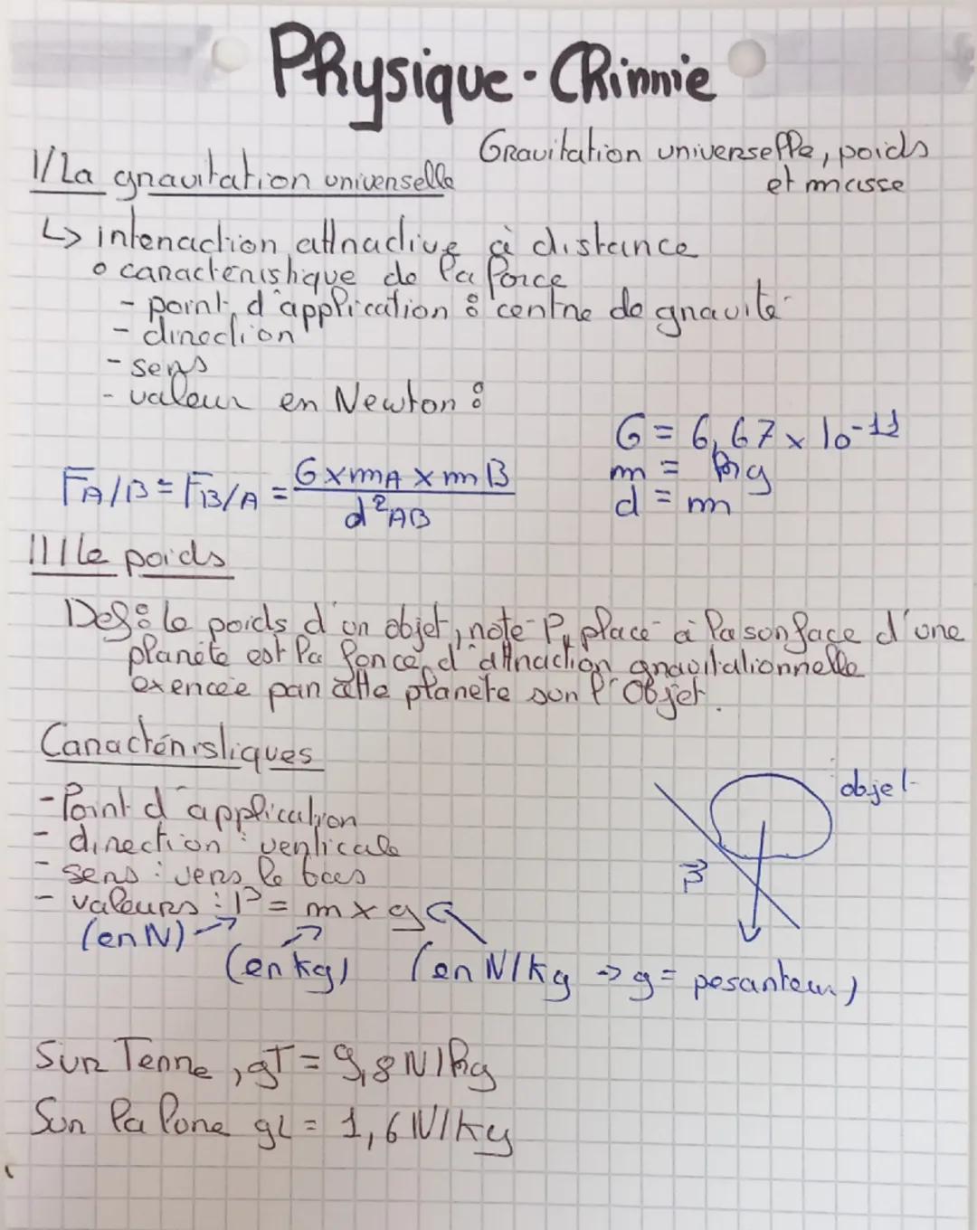 # Physique - Chimie

Gravitation universelle, poids
et masse

1/ La gravitation universelle

→ interaction attractive à distance
- caractéri