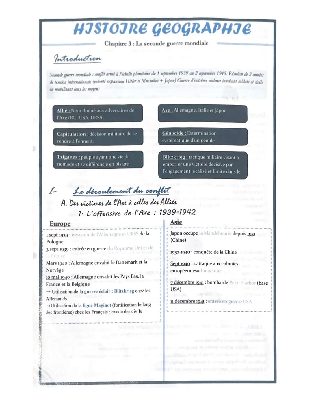 HISTOIRE GEOGRAPHIE
Chapitre 3: La seconde guerre mondiale
Introduction
Seconde guerre mondiale: conflit armé à l'échelle planétaire du 1 se