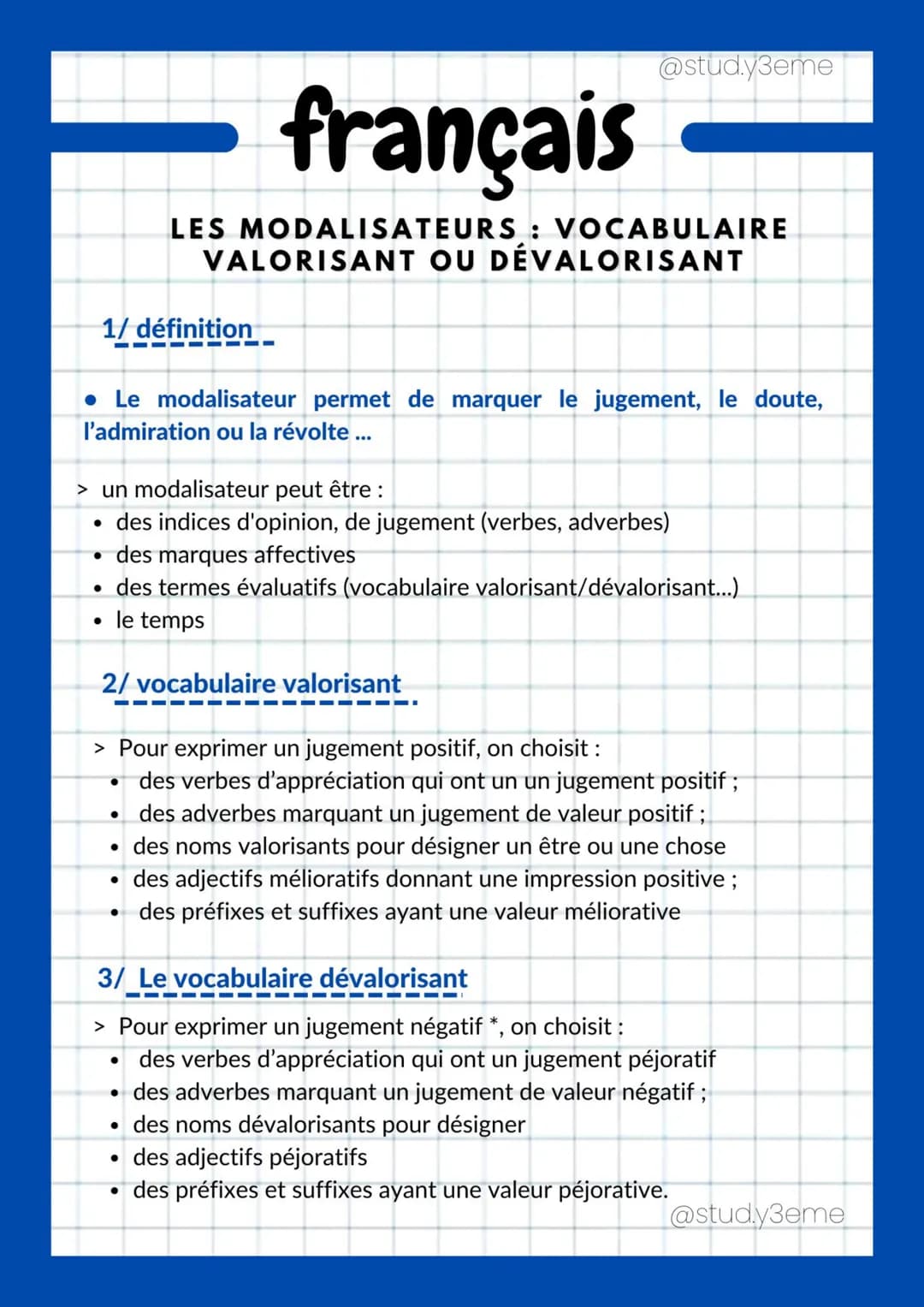 1/ définition
‒‒‒‒‒‒‒
Le modalisateur permet de marquer le jugement, le doute,
l'admiration ou la révolte ...
> un modalisateur peut être :
