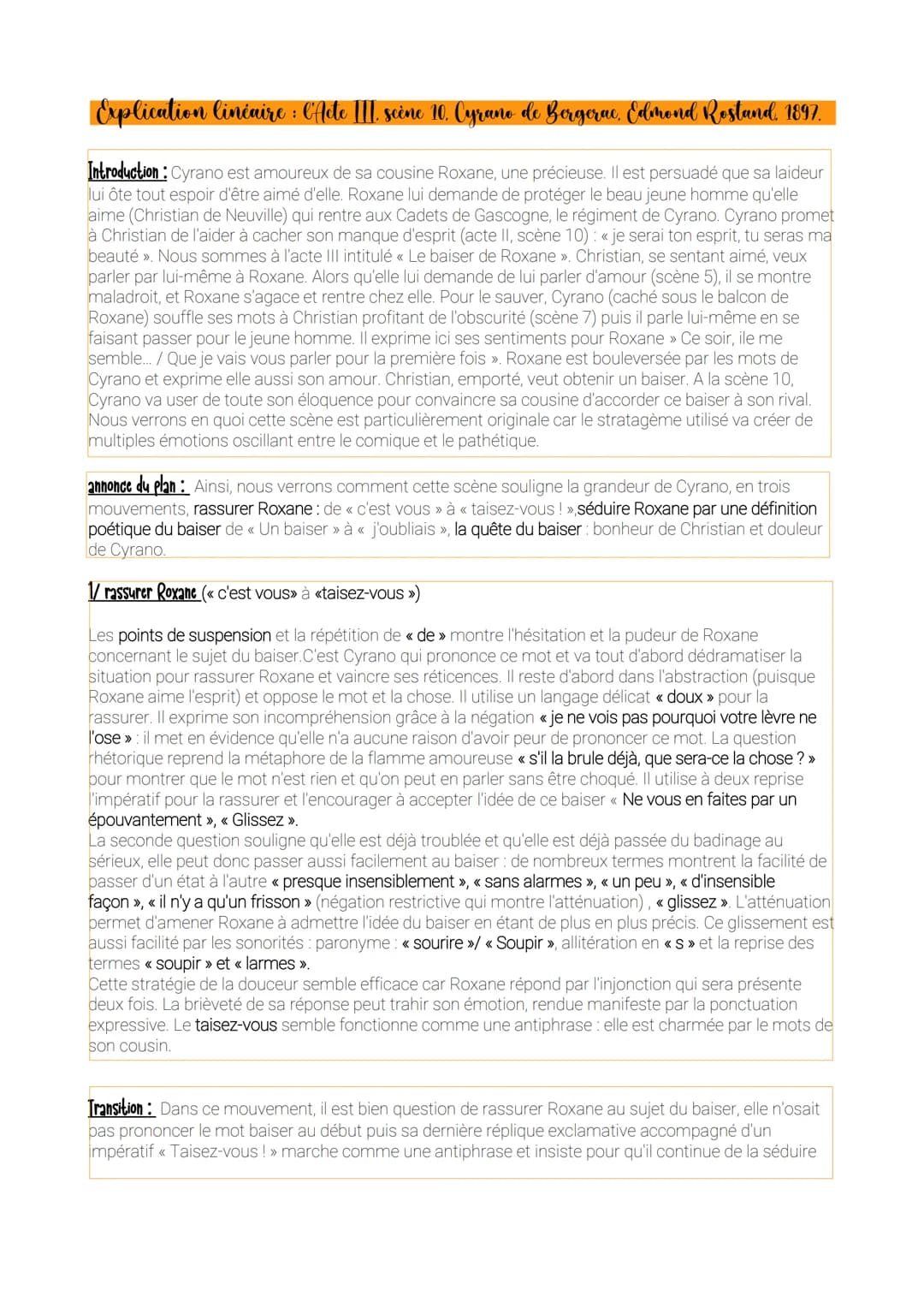 Explication linéaire : C'Acte III. seine 10. Cyrano de Bergerac, Edmond Rostand, 1897.
Introduction: Cyrano est amoureux de sa cousine Roxan