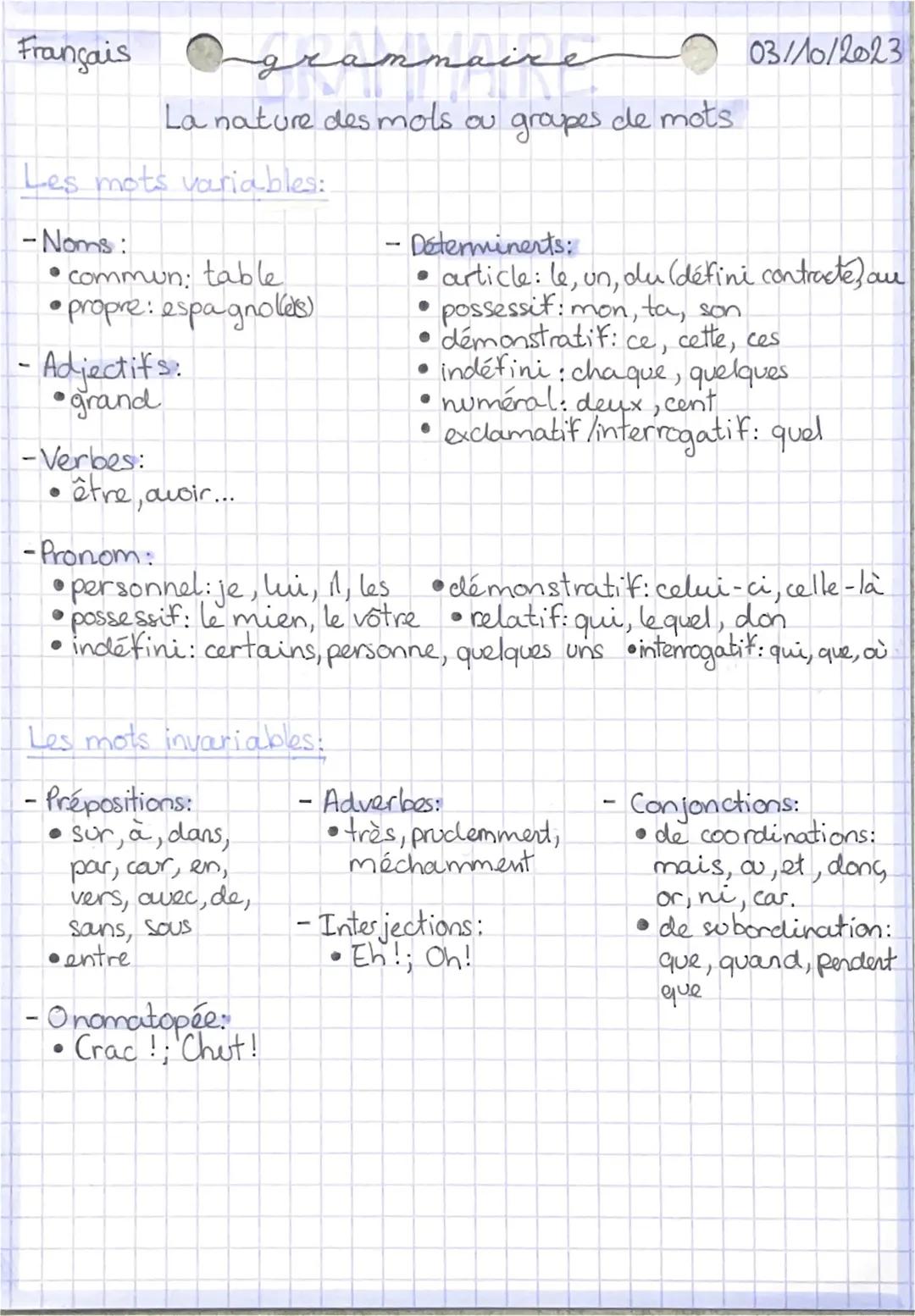 Français
grammaire
La nature des mots ou groupes de mots
Les mots variables:
-Noms:
commun: table
• propre: espagnoles)
Adjectifs.
•grand
-V