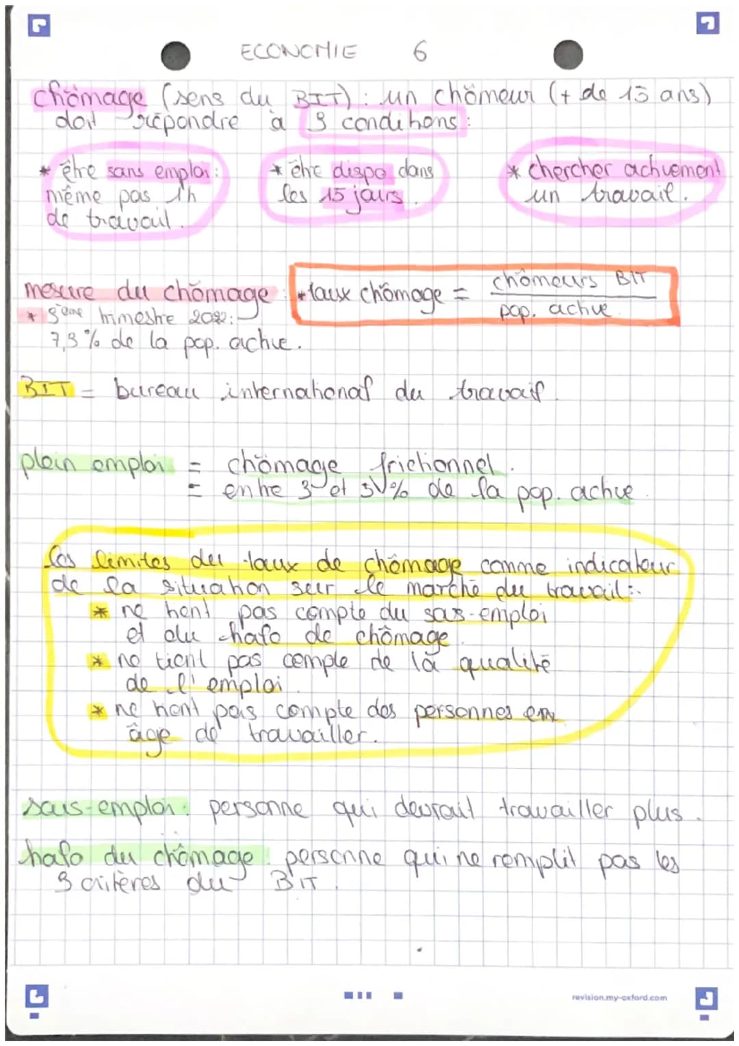 ECONOMIE 6
chomage (sens du BIT): un chômeur (+ de 15 ans)
Prepondre à 3 conditions:
doit
être sans emploi :
th
même pais.
de travail
*ehre 