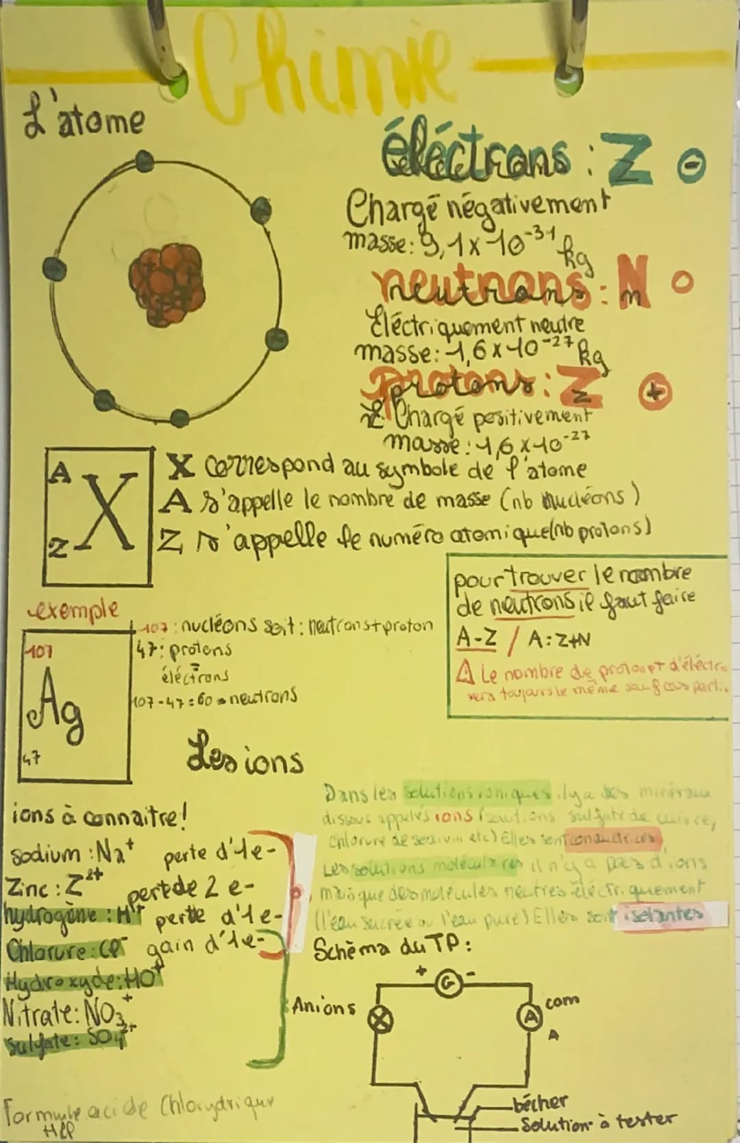 L'atome
A
*X
2.
exemple
107
Ag
47
Chimie
éléctrons : Zo
Charge négativement
masse: 9,1x-10-31
kg
neutnans: No
Eléctriquement neutre
-27
mass
