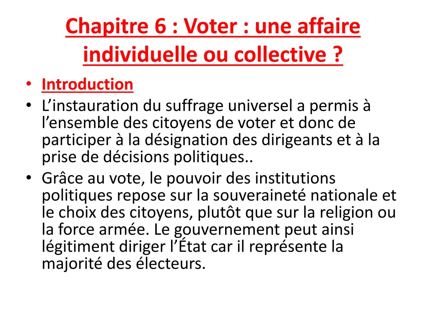 Chapitre 6 : Voter : une affaire
individuelle ou collective?
Introduction
L'instauration du suffrage universel a permis à
l'ensemble des cit