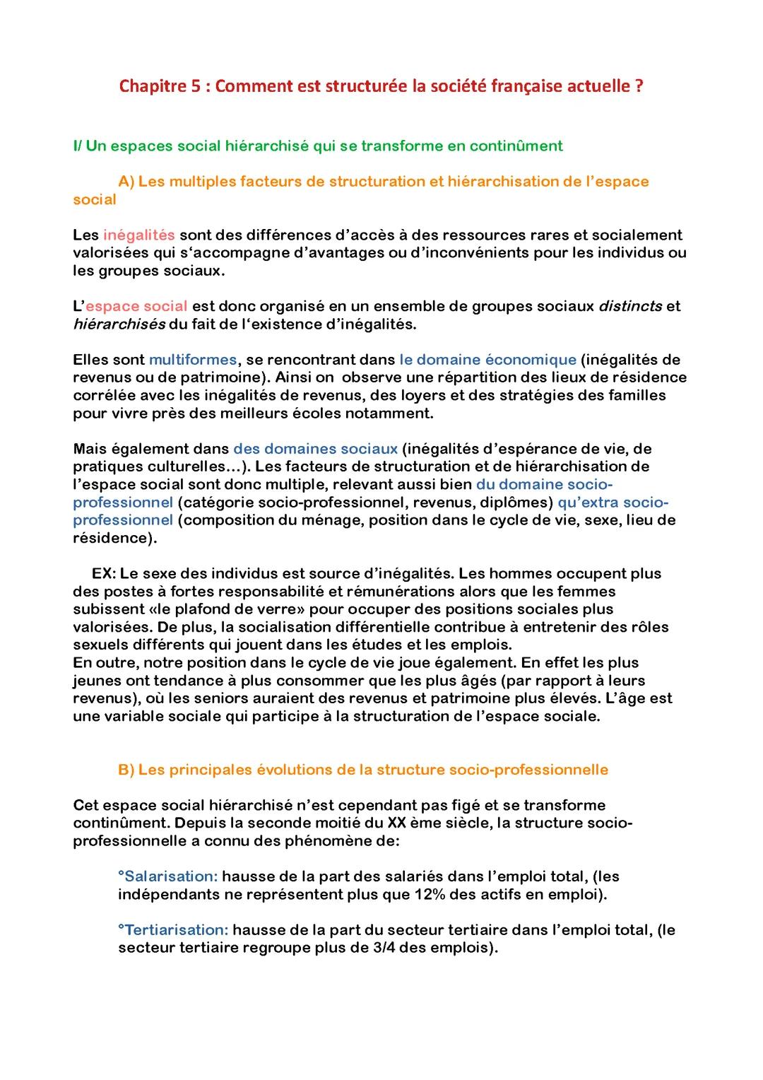 Synthèse sur la chapitre: Comment est structurée la société française actuelle ?