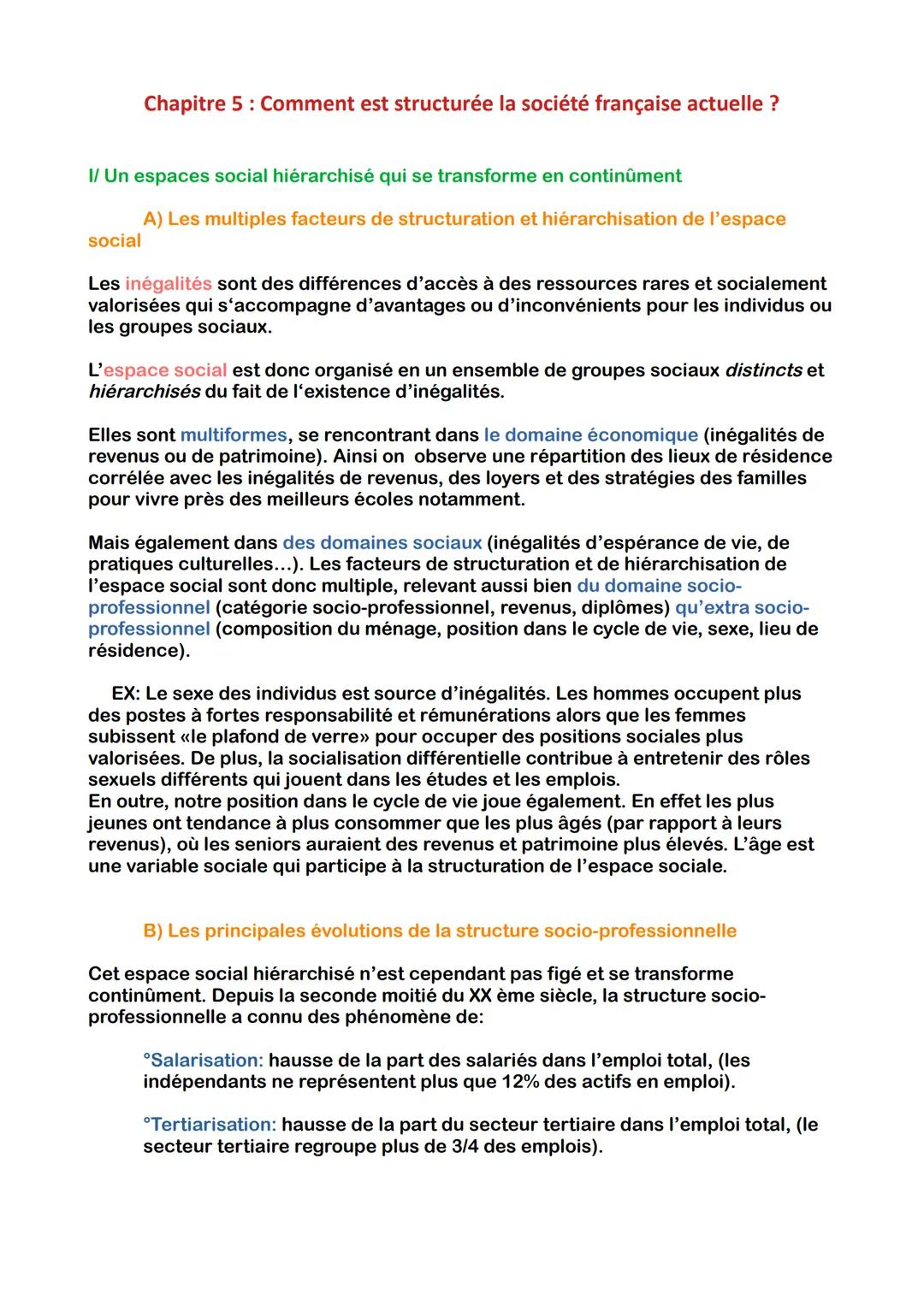 Chapitre 5: Comment est structurée la société française actuelle ?
I/ Un espaces social hiérarchisé qui se transforme en continûment
social
