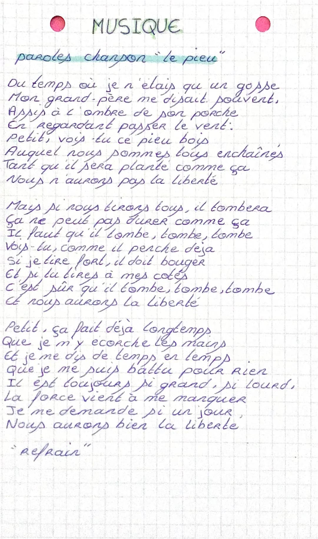 MUSIQUE
paroles chanson "le pien"
Du temps où je n
'élais qu
gosse
Mon grand-père me disait pouvent.
Appis à l'ombre de son porche
En Regard