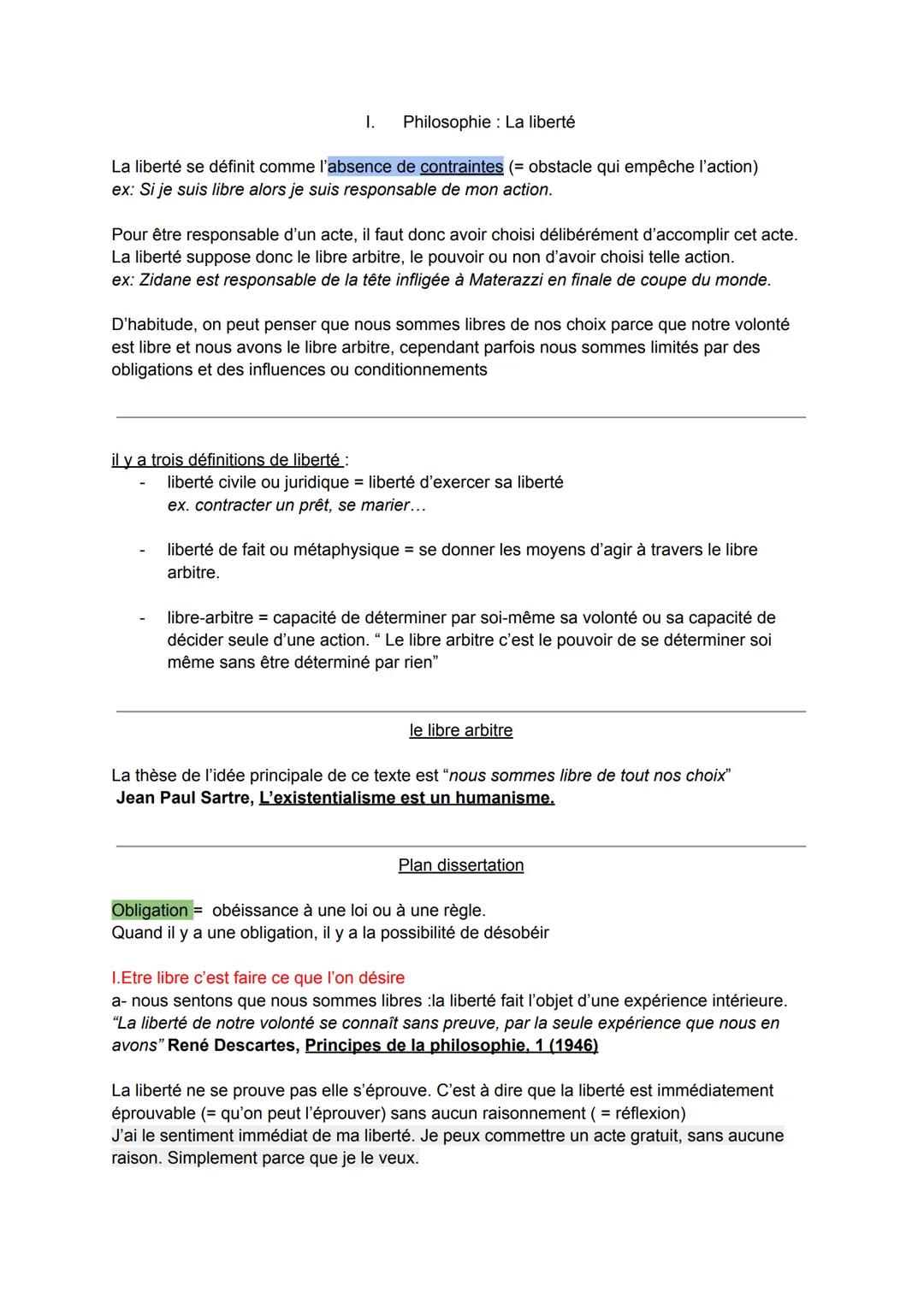 # I. Philosophie : La liberté

La liberté se définit comme l'absence de contraintes (= obstacle qui empêche l'action)
ex: Si je suis libre a