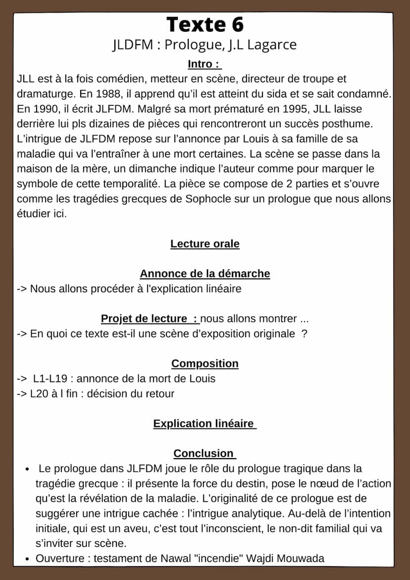 Texte 6
JLDFM: Prologue, J.L Lagarce
Intro :
JLL est à la fois comédien, metteur en scène, directeur de troupe et
dramaturge. En 1988, il ap