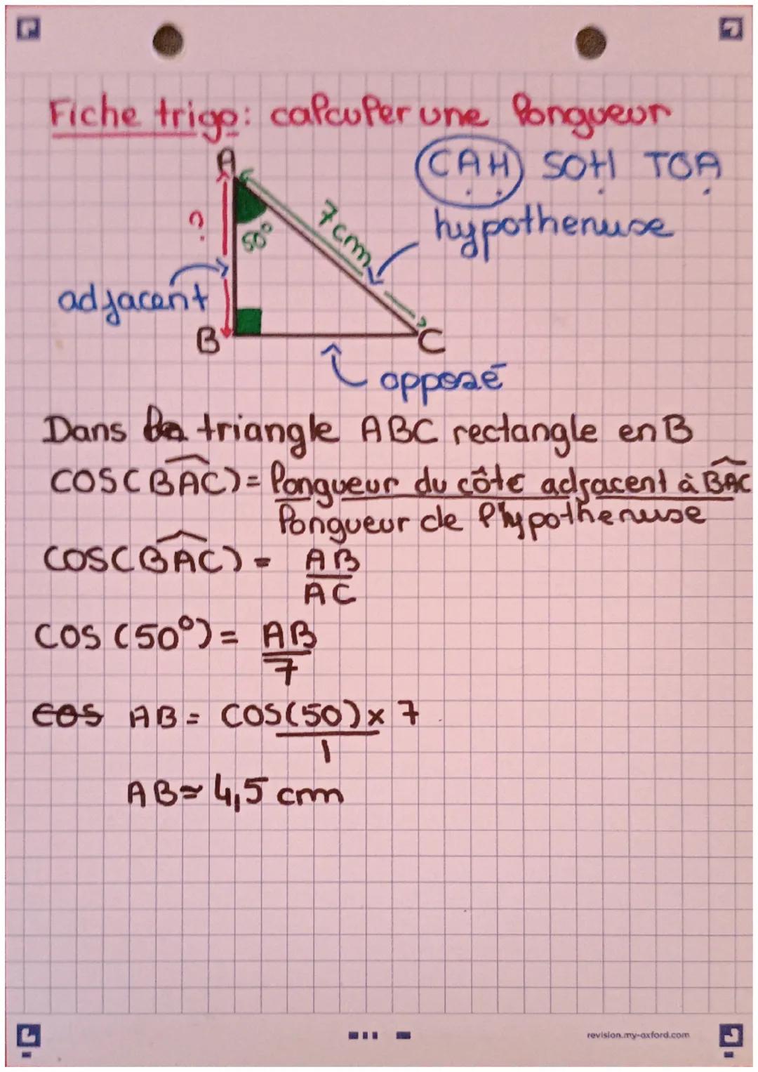 L
MATHS
Fiche Trigo: CalcuPer un angle
adjacent.
3 cm ²
B
?
COS (BAC) = AB
AC
COS (BAC) =
²2/1/20
(3)
BAC = arccos
BAC = = 60°
CAH SOH TOA
C