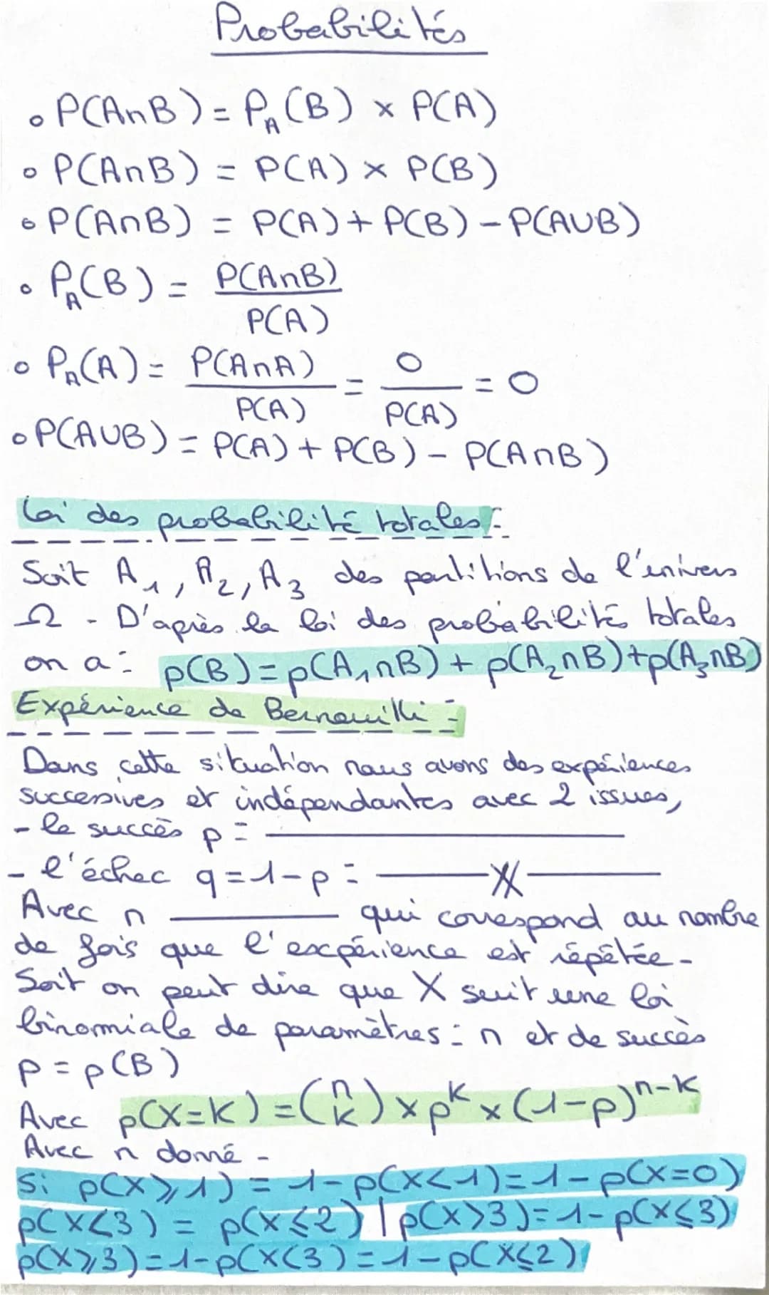 Probabilités
。PCANB) = P(B) = P(A)
0
P(ANB) = P(A) = P(B)
P(ANB) = P(A) + P(B)-P(AUB)
• P₁₂(B) = P(ANB)
0
PCA)
0
PR(A) = P(ANA)
PCA) PCA)
P(