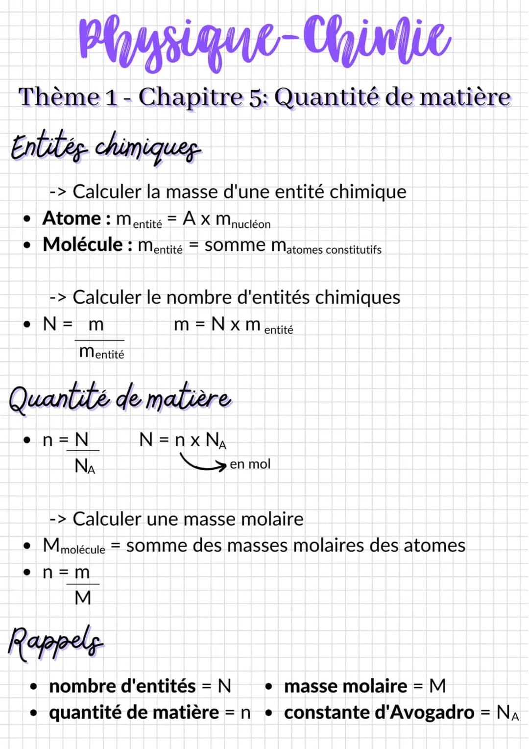 Physique-Chimie
Thème 1- Chapitre 5: Quantité de matière
Entites chimiques
-> Calculer la masse d'une entité chimique
• Atome: mentité = A x