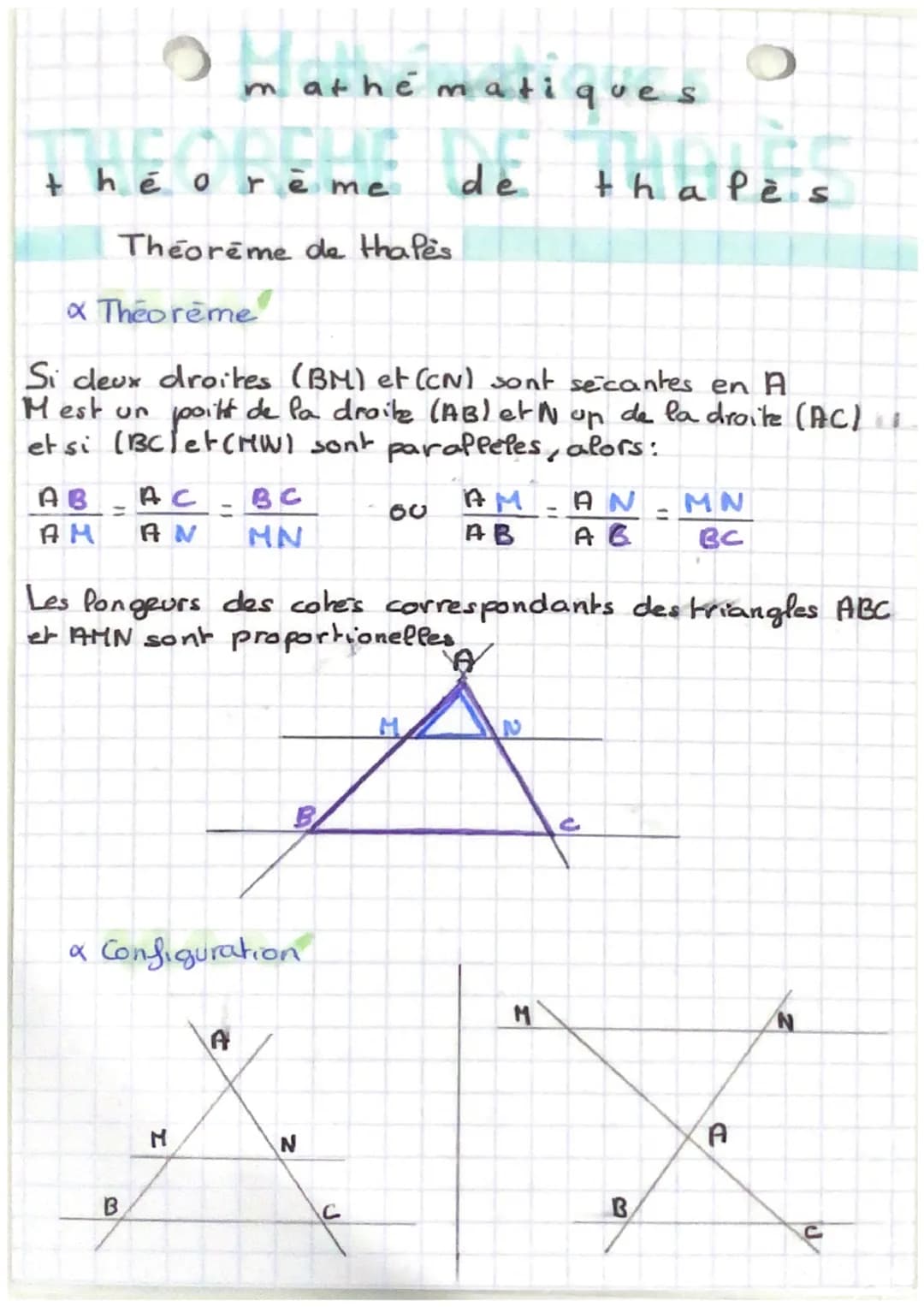 O mathématiques
de
théorè
Théorème
x Theoreme
AB
AC BC
AM AN MN
Si deux droites (BM) et (CN) sont secantes en A
Mest un point de la droite (