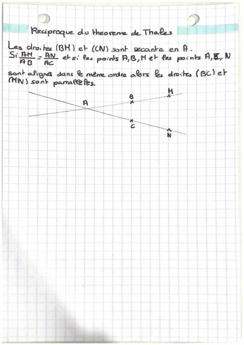 O mathématiques
de
théorè
Théorème
x Theoreme
AB
AC BC
AM AN MN
Si deux droites (BM) et (CN) sont secantes en A
Mest un point de la droite (