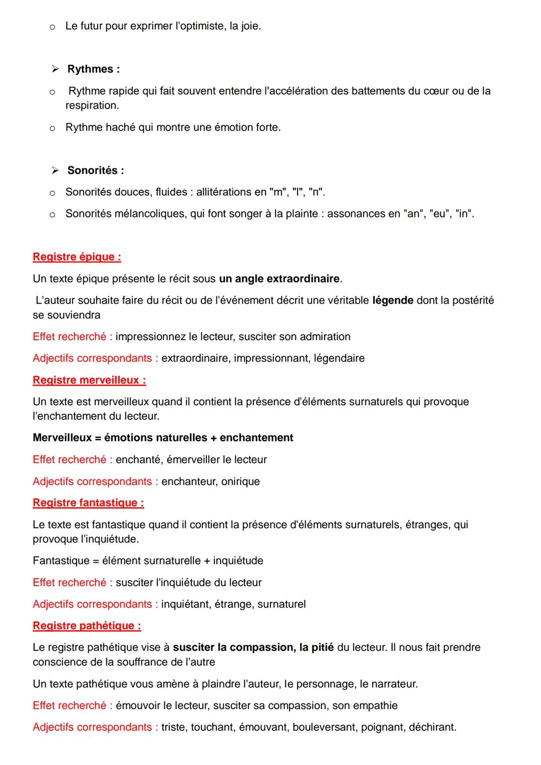 Registre lyrique :
Les registres
Le registre lyrique correspond à l'expression de sentiments personnels de façon rythmée,
chantée, presque m