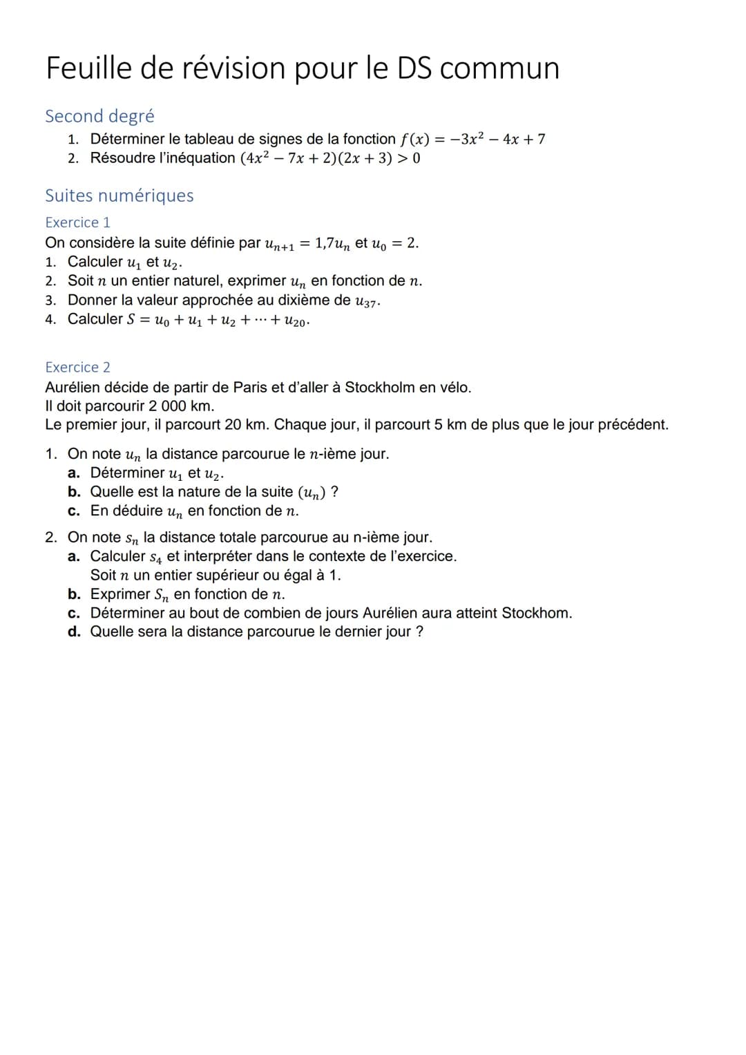 
<h2 id="polynmeduseconddegr">Polynôme du second degré</h2>
<ol>
<li>Déterminer le tableau de signes de la fonction f(x) = -3x² - 4x + 7.</l
