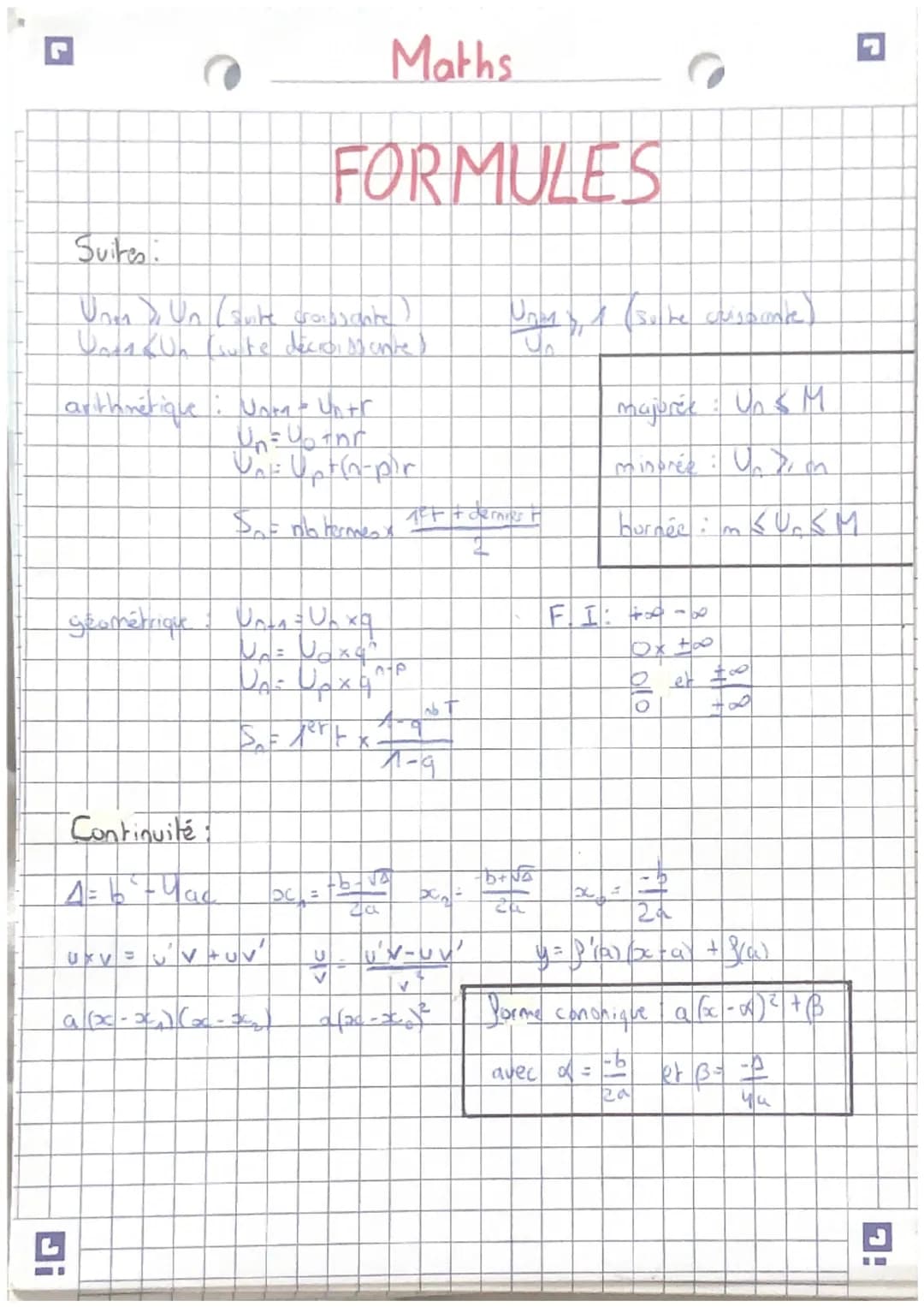 Suites:
Unon > Un (suite croissante)
Und1 KWh (suite décroissante)
arithmétique : Nom-
!G
Continuité
4 = 16² - Dac
Untr
Un = y₂ + hr
Un Upt(