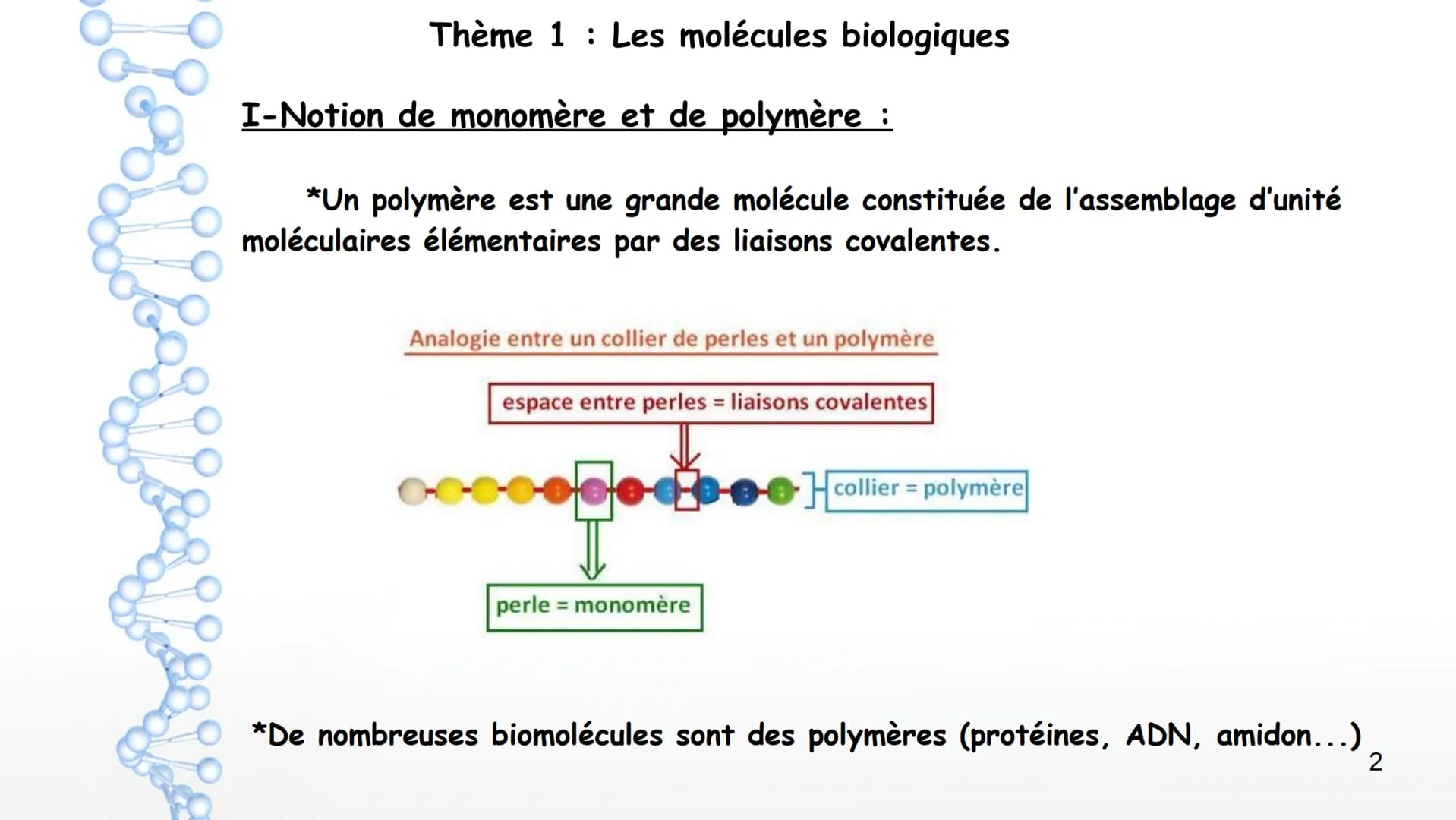 AP: Révisions du programme de première
1 Thème 1 : Les molécules biologiques
I-Notion de monomère et de polymère :
*Un polymère est une gran