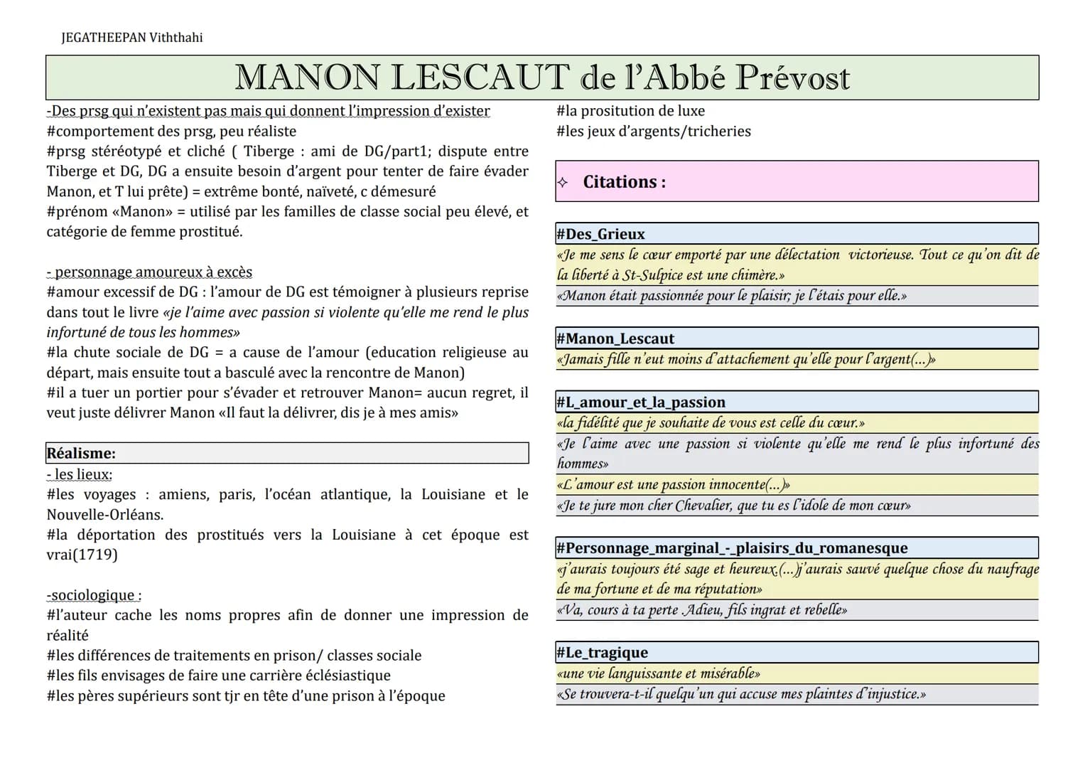 JEGATHEEPAN Viththahi
MANON LESCAUT de l'Abbé Prévost
Recap du roman :
- Personnages marginaux, complexes et attachants
Des Grieux : Jeune a