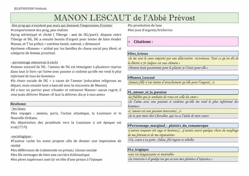 JEGATHEEPAN Viththahi
MANON LESCAUT de l'Abbé Prévost
Recap du roman :
- Personnages marginaux, complexes et attachants
Des Grieux : Jeune a