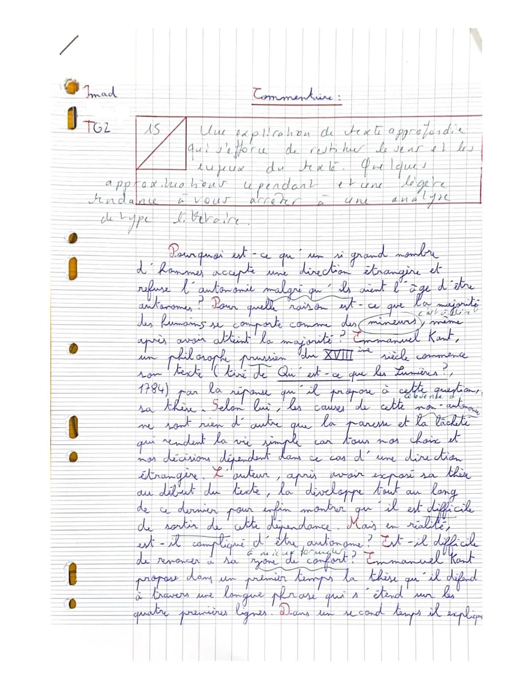 Imad
1 тог
D
15
Indance
بانان
линих
approximo hour upendant
à vour
arreter
гуре
Commentaire:
Une ex
explication de texte approfondie
qui s'e