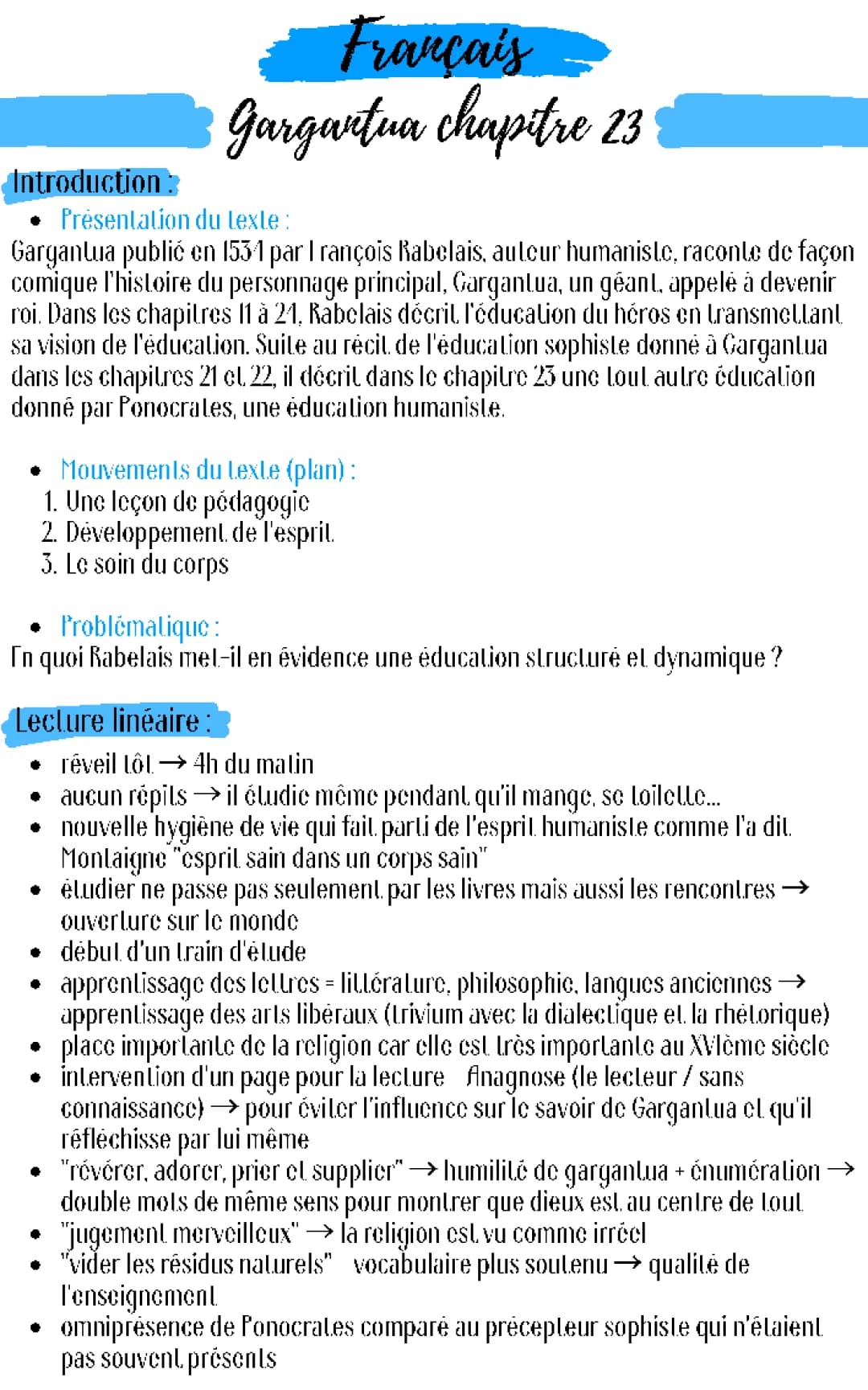 Analyse linéaire de Gargantua chapitre 23 avec PDF