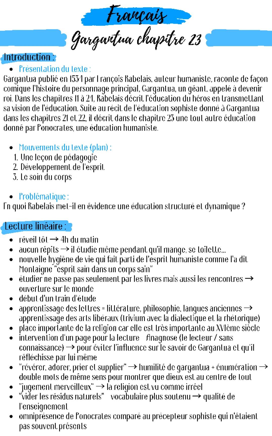 Analyse linéaire de Gargantua chapitre 23 avec PDF