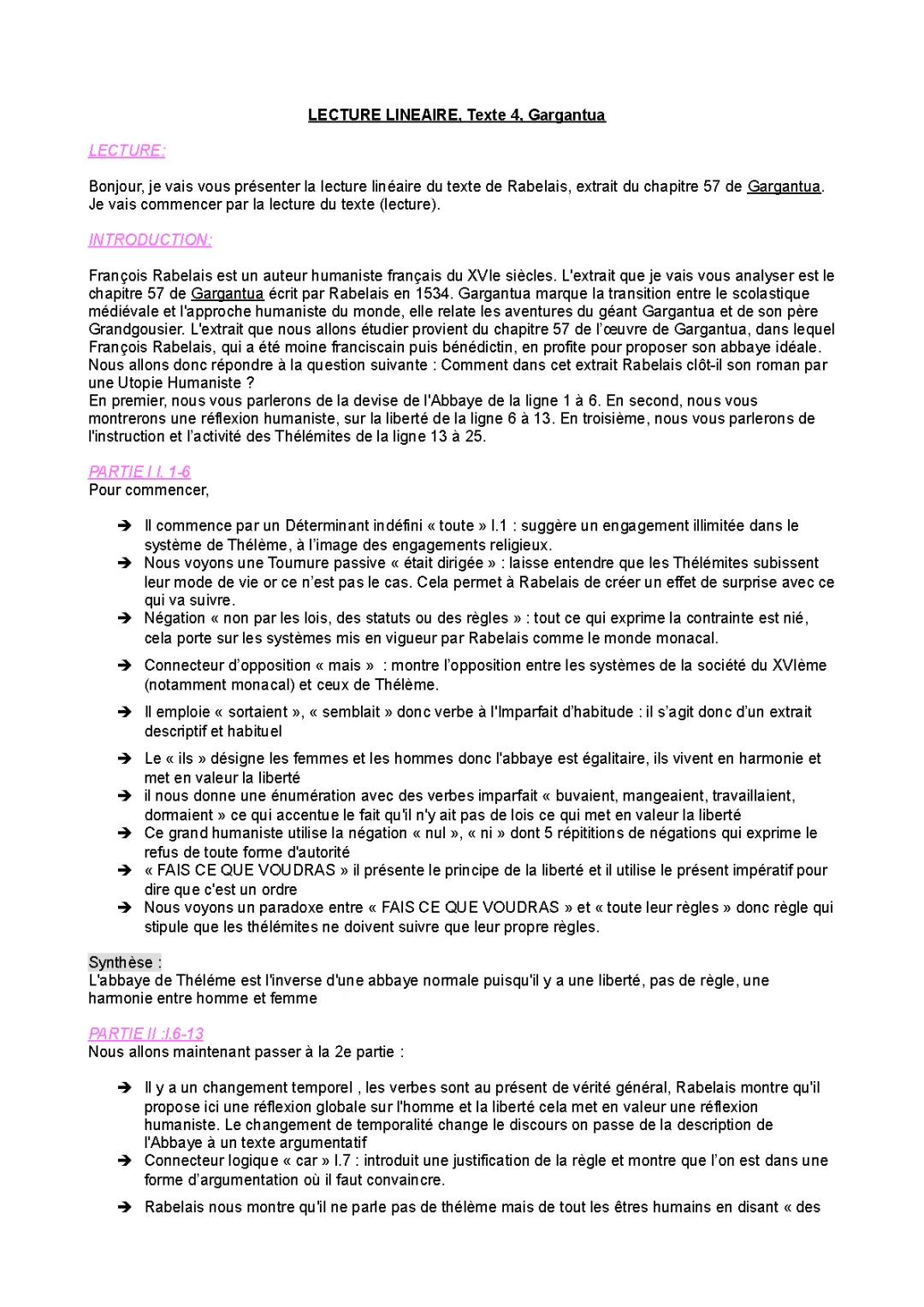 Analyse linéaire du Chapitre 57 de Gargantua - PDF Gratuit