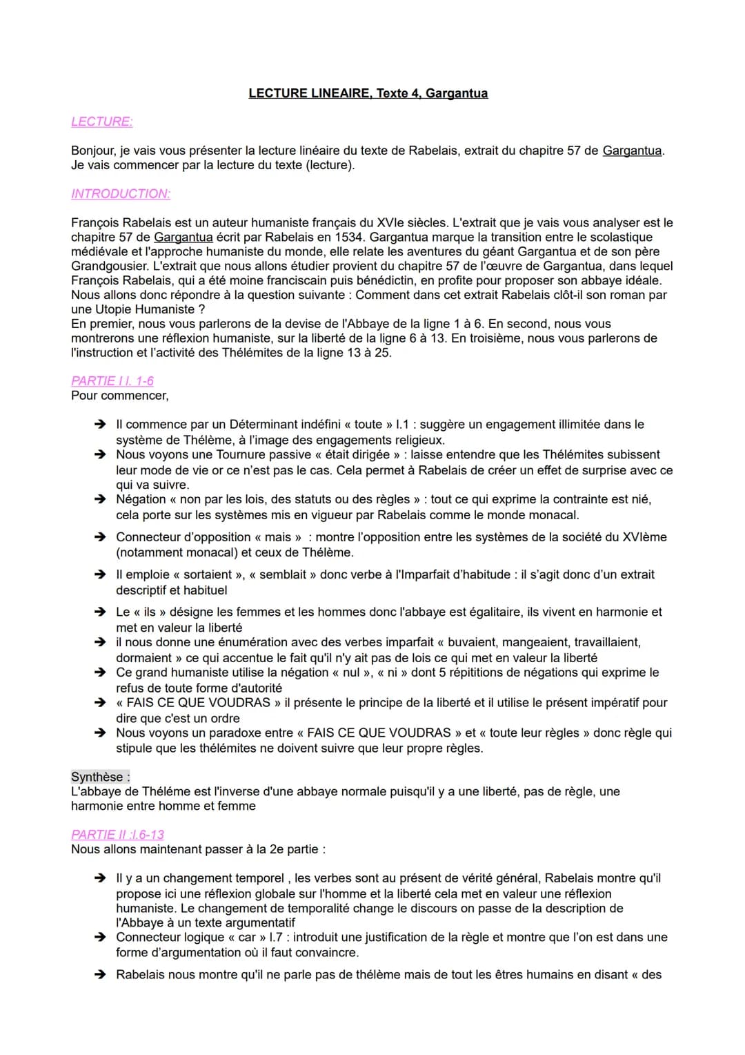LECTURE:
Bonjour, je vais vous présenter la lecture linéaire du texte de Rabelais, extrait du chapitre 57 de Gargantua.
Je vais commencer pa