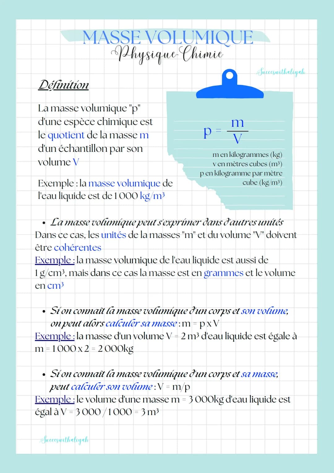 Définition
La masse volumique "p"
d'une espèce chimique est
le quotient de la masse m
d'un échantillon par son
volume V
MASSE VOLUMIQUE
Phys