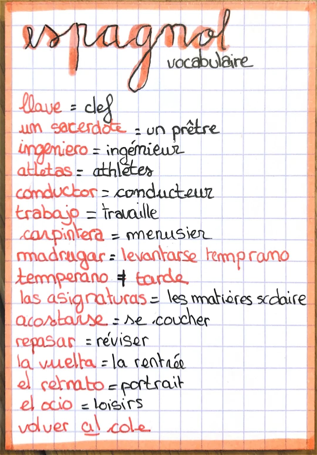 espagn
llave = clef
um sacerdote - un prêtre
ingeniero = ingénieur
atletas athletes
vocabulaire
conductor = conducteur
trabajo = travaille
c
