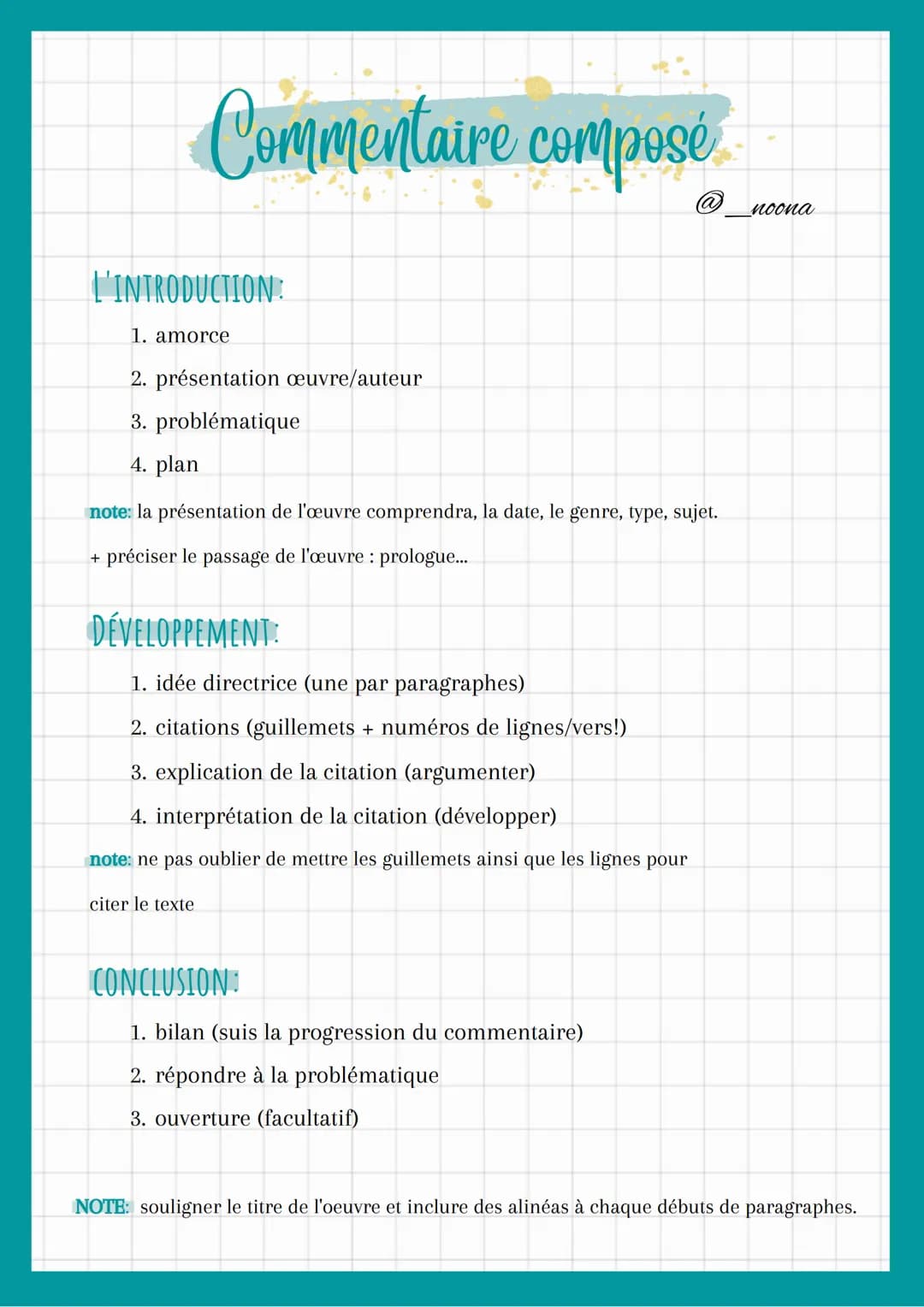 Commentaire composé
L'INTRODUCTION:
1. amorce
2. présentation œuvre/auteur
3. problématique
4. plan
note: la présentation de l'œuvre compren